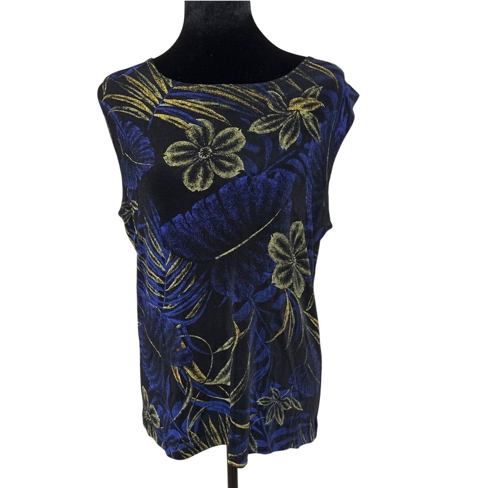 Chicos Travelers Women‎ Size 2 Large Black Blue Gold Tropical Floral Tank Top